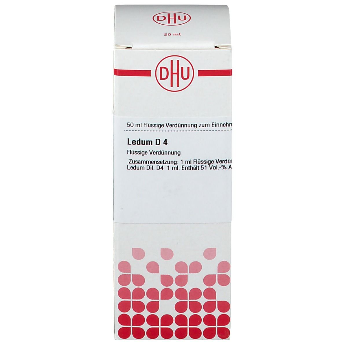 Kartonverpackung mit Aufdruck: DHU, Ledum D4. Roter Streifen. Text auf Deutsch. Ansicht von oben.