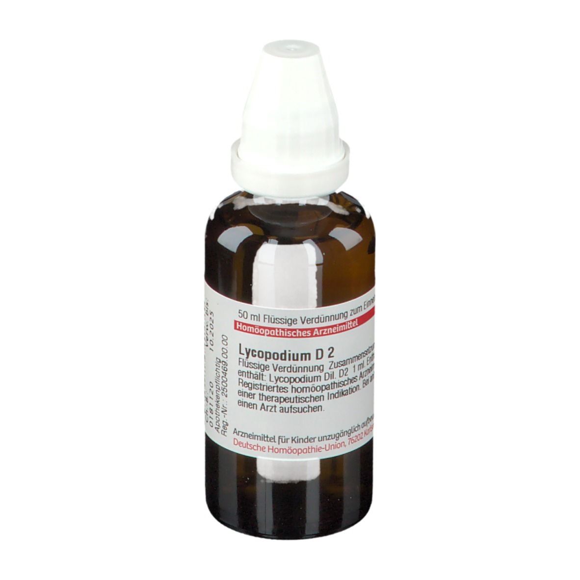 Braune Glasflasche mit weißem Verschluss. Etikett mit Produktinformationen: DHU Lycopodium D2.