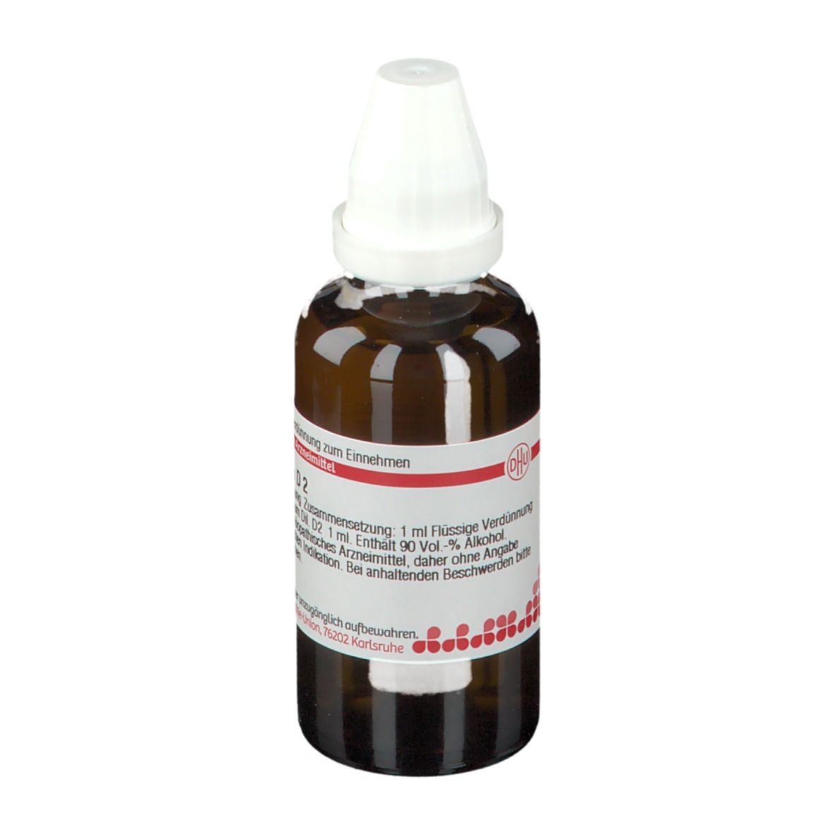 Braune Glasflasche mit weißem Verschluss. Etikett mit Produktinformationen: DHU Lycopodium D2.