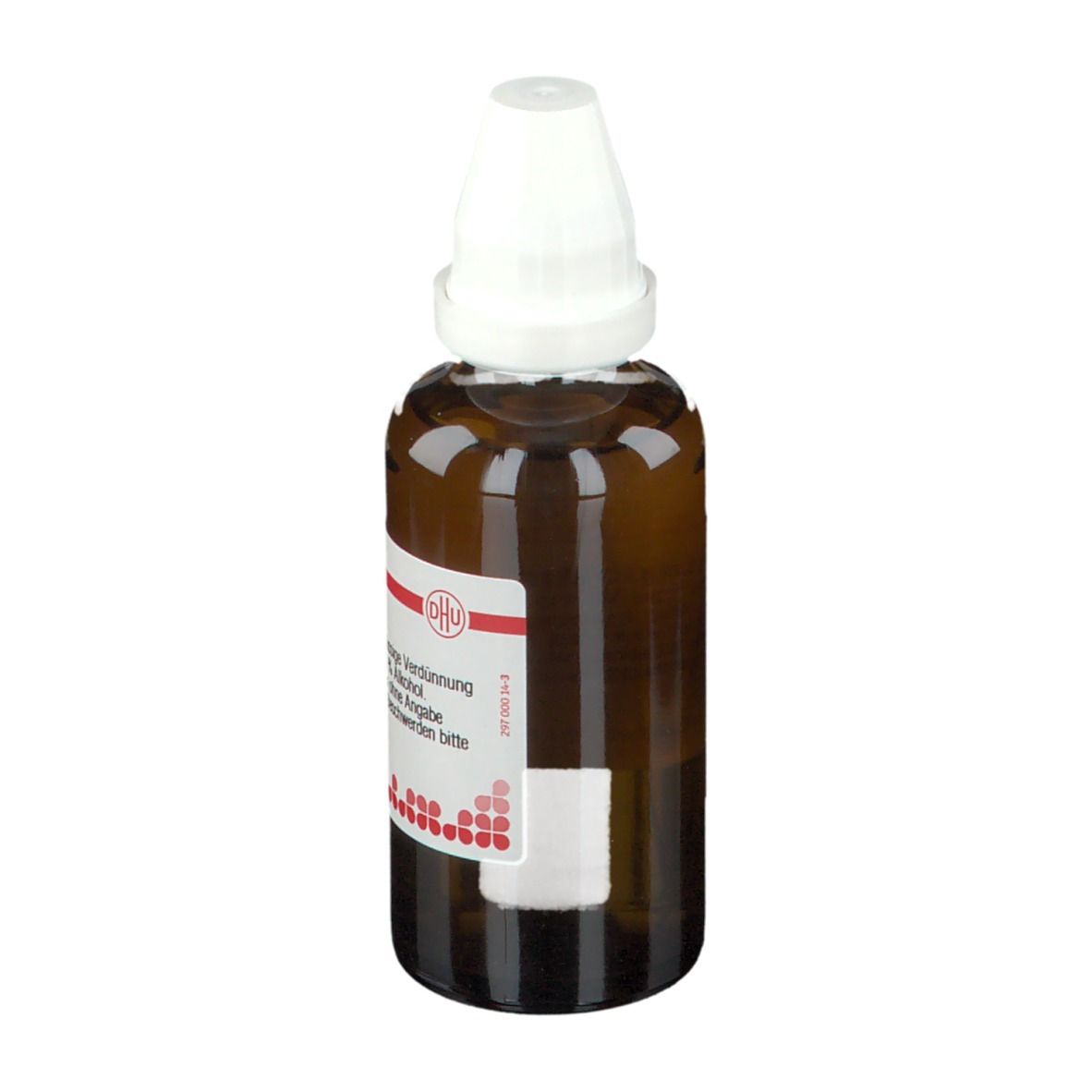 Braune Glasflasche mit weißem Verschluss. Etikett mit Produktinformationen: DHU Lycopodium D2.