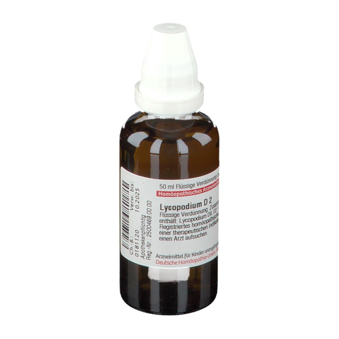 Braune Glasflasche mit weißem Verschluss. Etikett mit Produktinformationen: DHU Lycopodium D2.