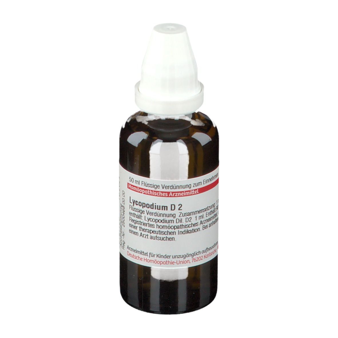 Braune Glasflasche mit weißem Verschluss. Etikett mit Produktinformationen: DHU Lycopodium D2.