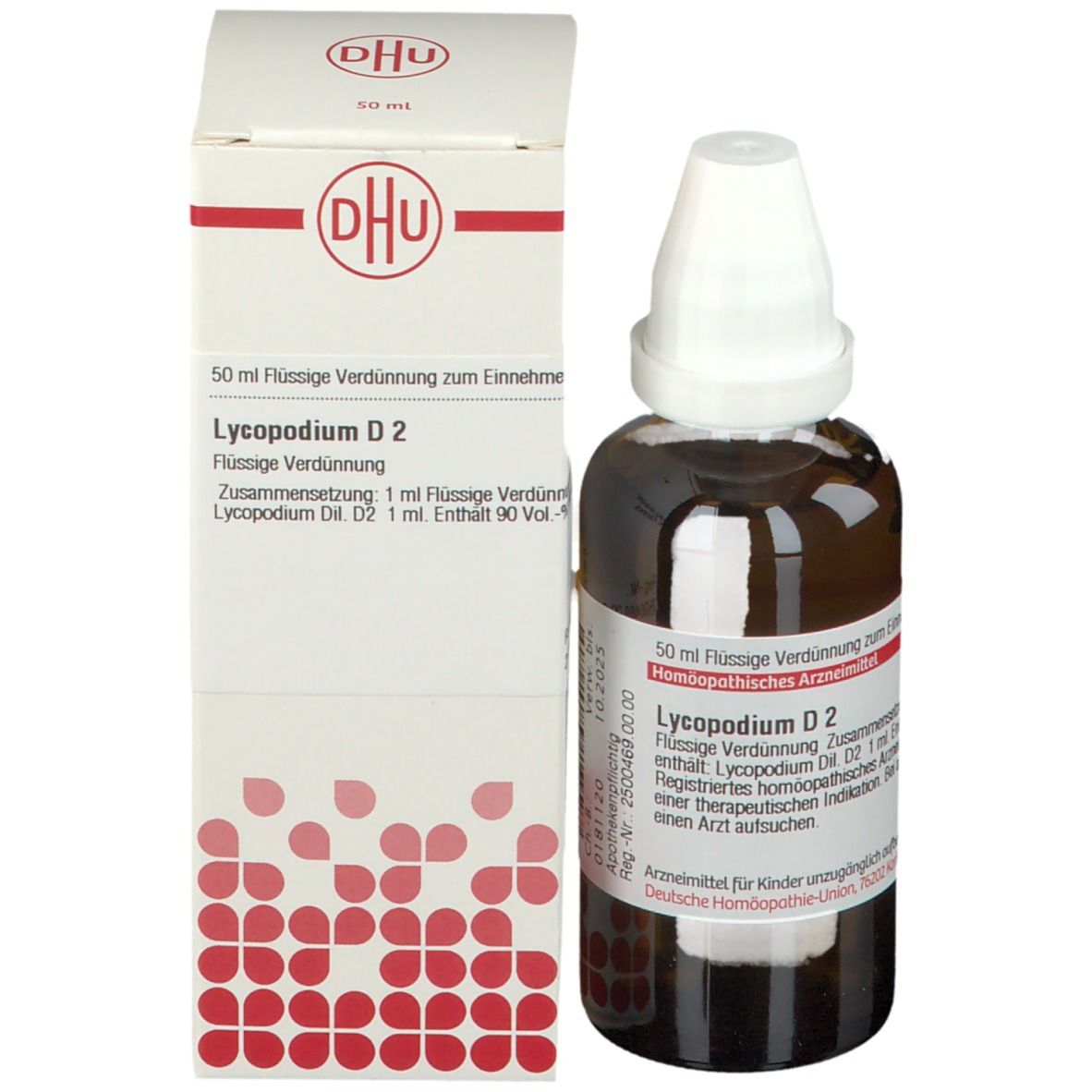 Braune Glasflasche und Verpackung. Verpackung mit DHU Logo und Produktinformationen: Lycopodium D2.