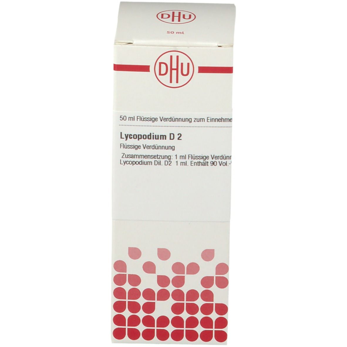 Verpackung mit DHU Logo und Produktinformationen: Lycopodium D2. Rote Muster auf weißem Hintergrund.