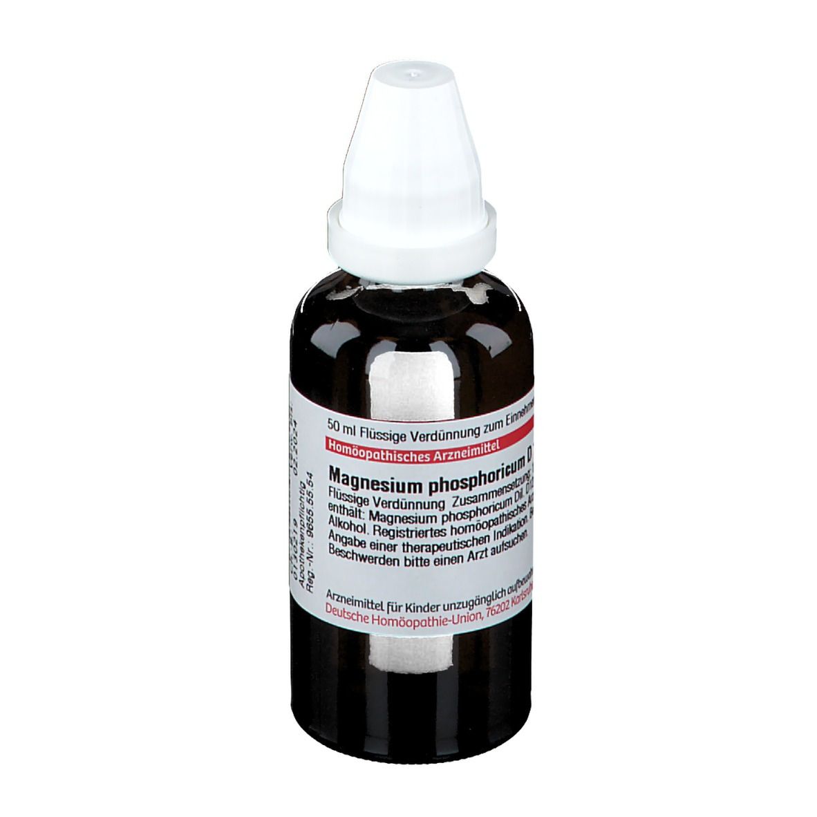 Braune Glasflasche mit weißem Verschluss. Etikett mit Text. Homöopathisches Arzneimittel.