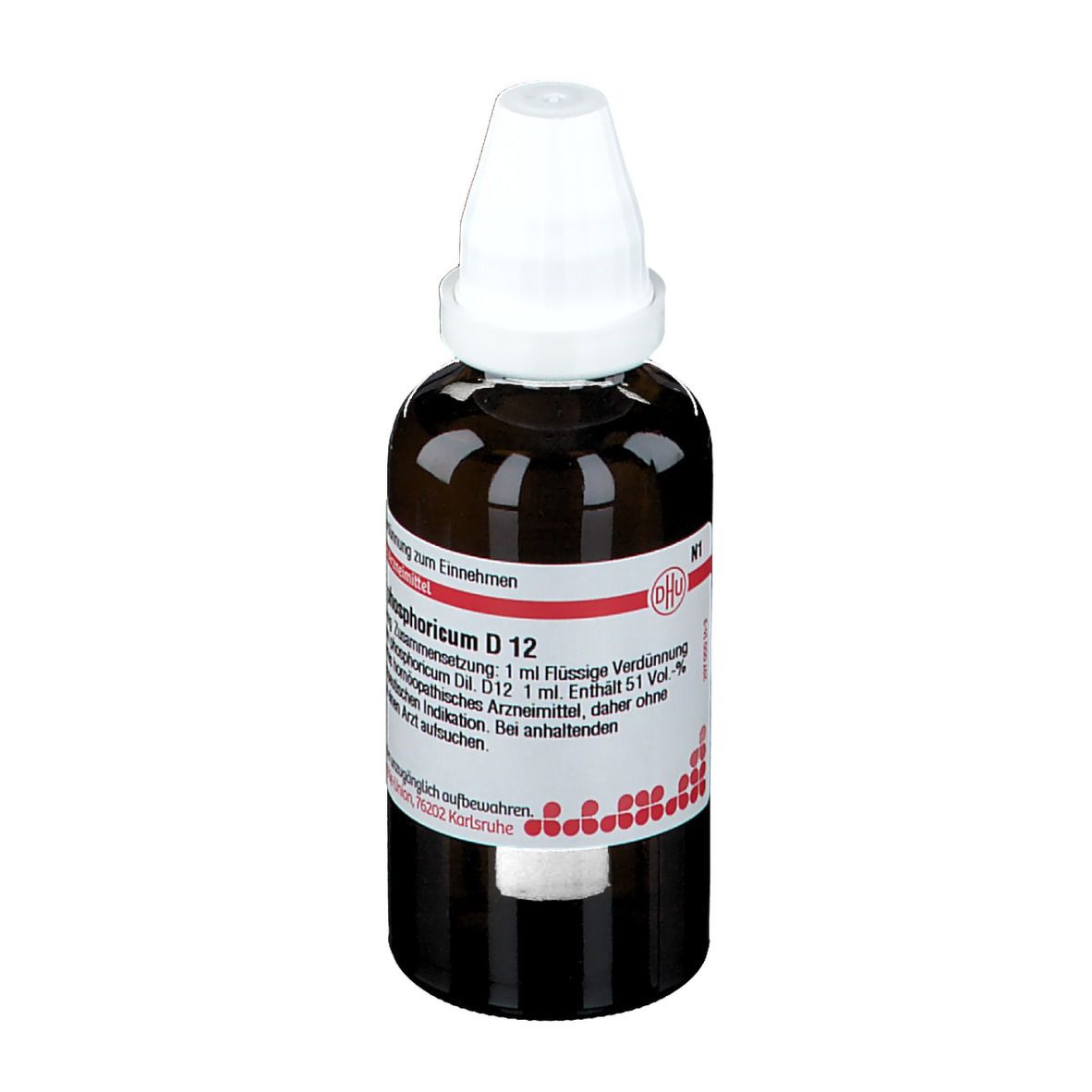Braune Glasflasche mit weißem Verschluss. Etikett mit Text. Homöopathisches Arzneimittel.