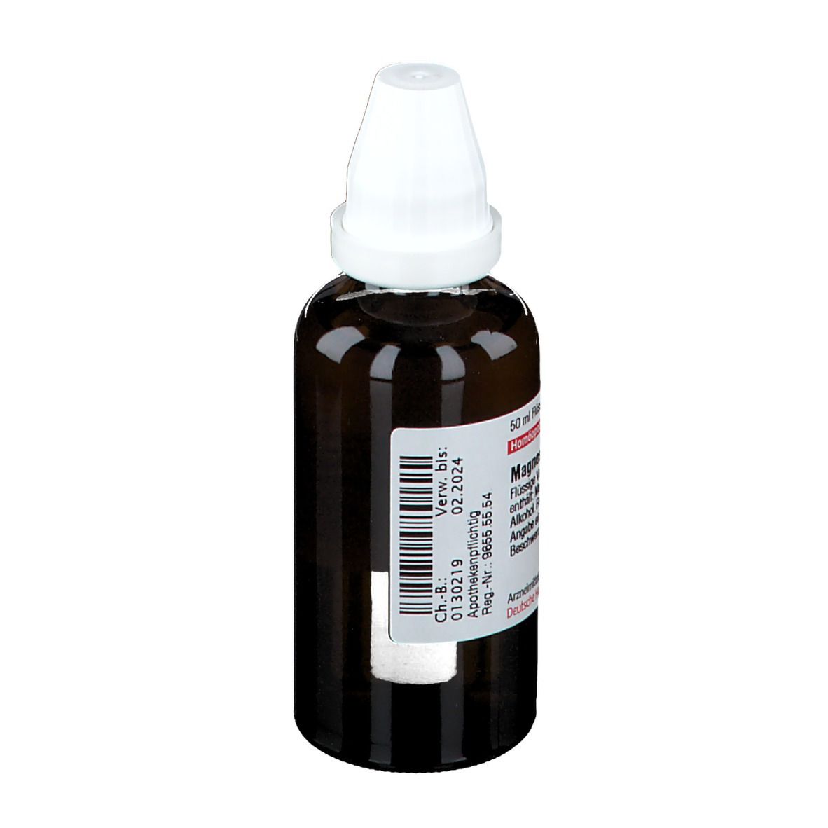 Braune Glasflasche mit weißem Verschluss. Etikett mit Text. Homöopathisches Arzneimittel.