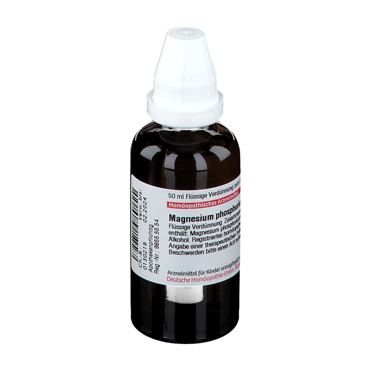 Braune Glasflasche mit weißem Verschluss. Etikett mit Text. Homöopathisches Arzneimittel.