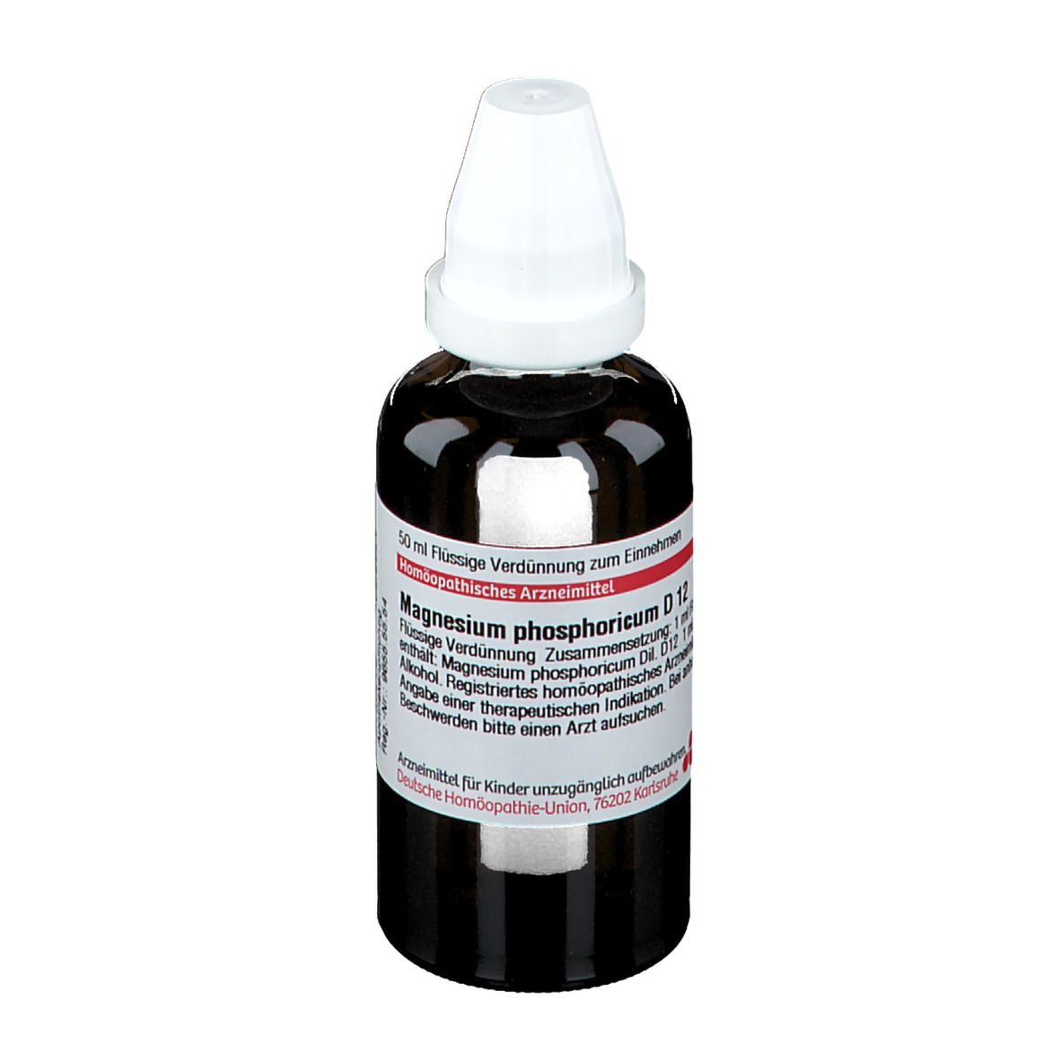 Braune Glasflasche mit weißem Verschluss. Etikett mit Text. Homöopathisches Arzneimittel.