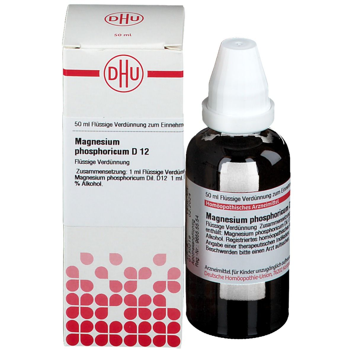 Braune Glasflasche mit weißem Verschluss und Karton. Aufschrift: DHU Magnesium phosphoricum D12.