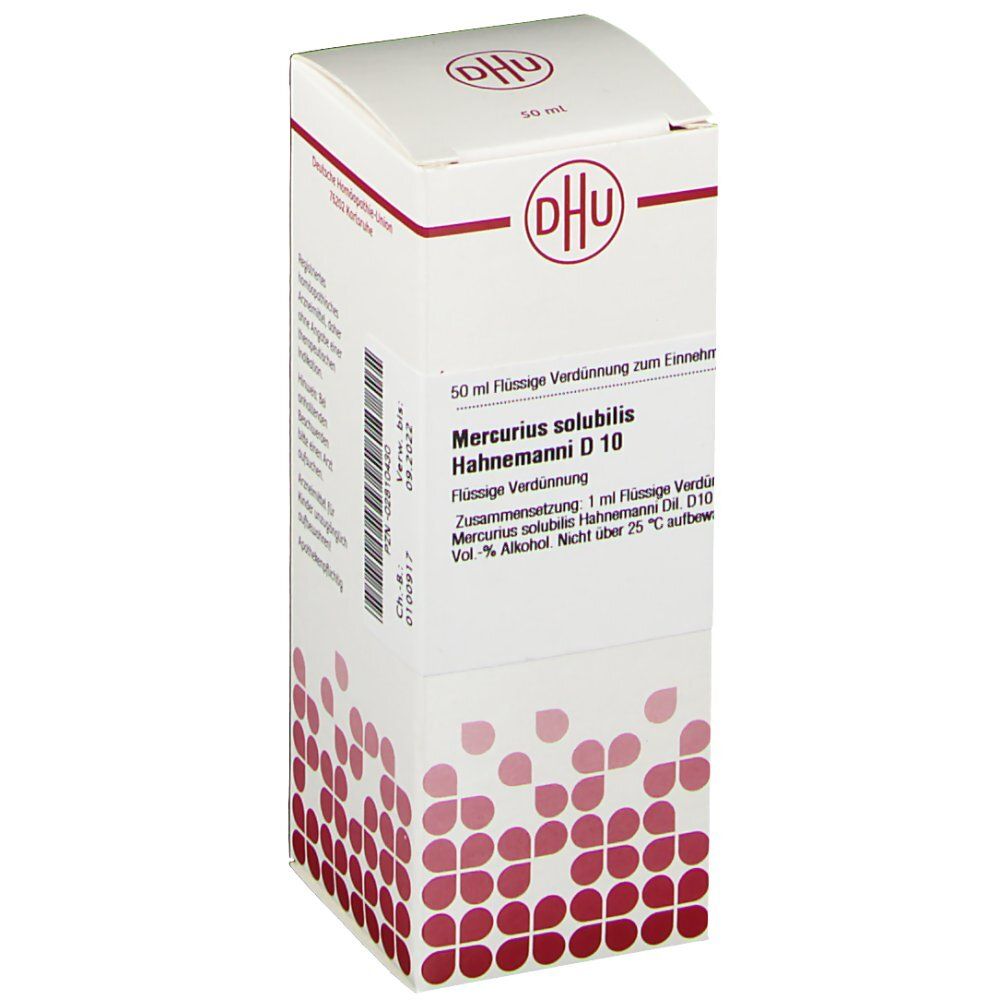 Weiße Faltschachtel mit DHU-Logo und Produktbezeichnung. Text: Mercurius solubilis Hahnemanni D 10, 50 ml Flüssige Verdünnung.