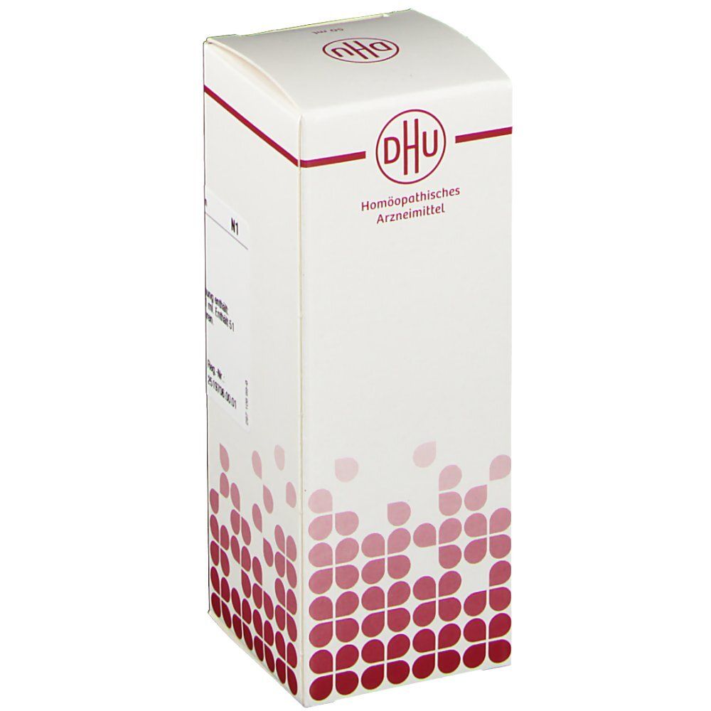 Weiße Faltschachtel mit DHU-Logo und Text: Homöopathisches Arzneimittel. Rote, tropfenförmige Muster am unteren Rand.