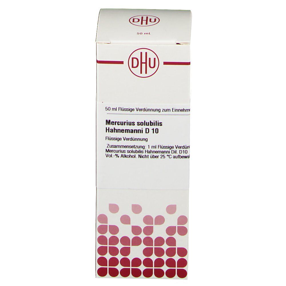 Weiße Faltschachtel mit DHU-Logo und Produktbezeichnung. Text: Mercurius solubilis Hahnemanni D 10, 50 ml Flüssige Verdünnung.