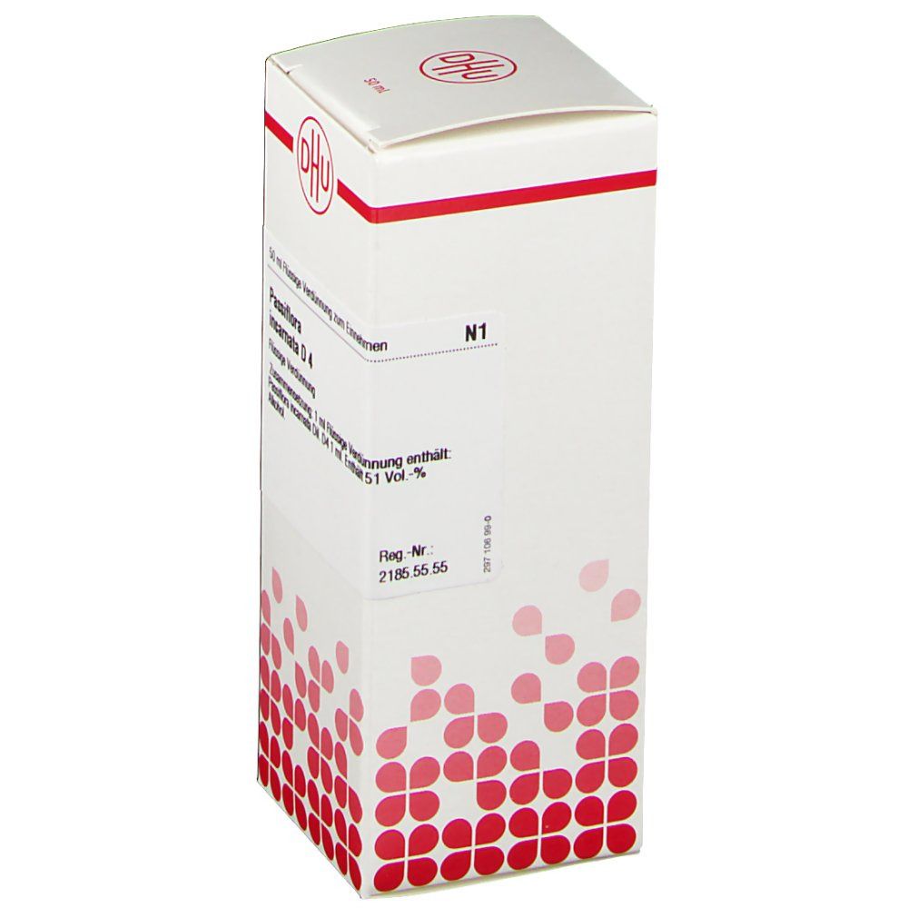 Weiße Verpackung mit roter Schrift und DHU-Logo. Aufschrift: Passiflora incarnata D4. N1. Homöopathisches Arzneimittel.
