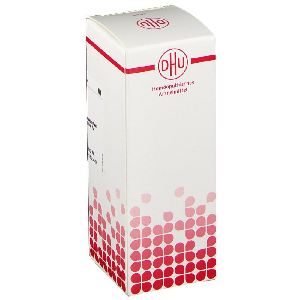Weiße Verpackung mit roter Schrift und DHU-Logo. Aufschrift: Homöopathisches Arzneimittel. Rote Blütenmuster am unteren Rand.
