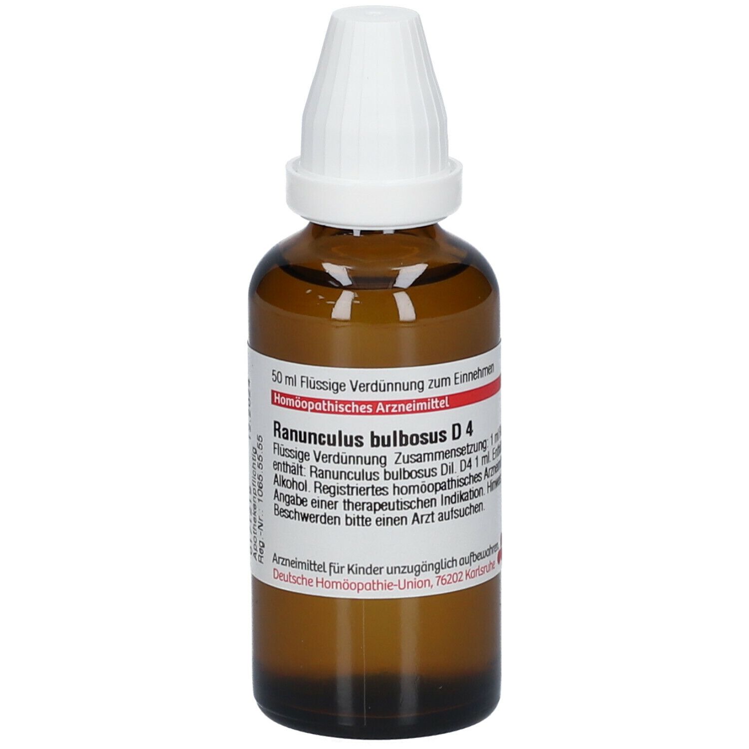 Braune Glasflasche mit weißem Verschluss. Beschriftung: DHU Ranunculus bulbosus D4. Homöopathisches Arzneimittel.