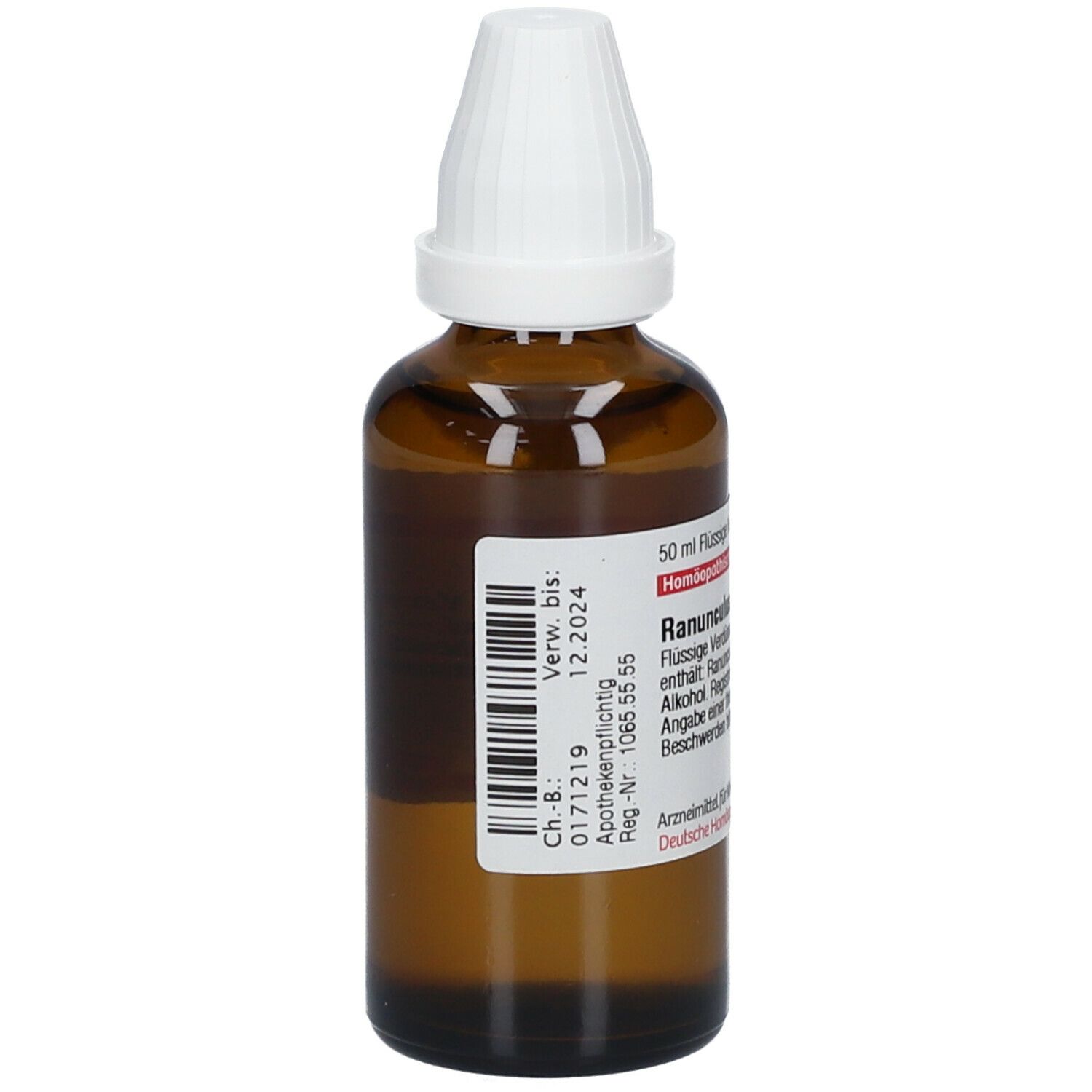 Braune Glasflasche mit weißem Verschluss. Etikett mit Barcode und Verfallsdatum. Homöopathisches Arzneimittel.