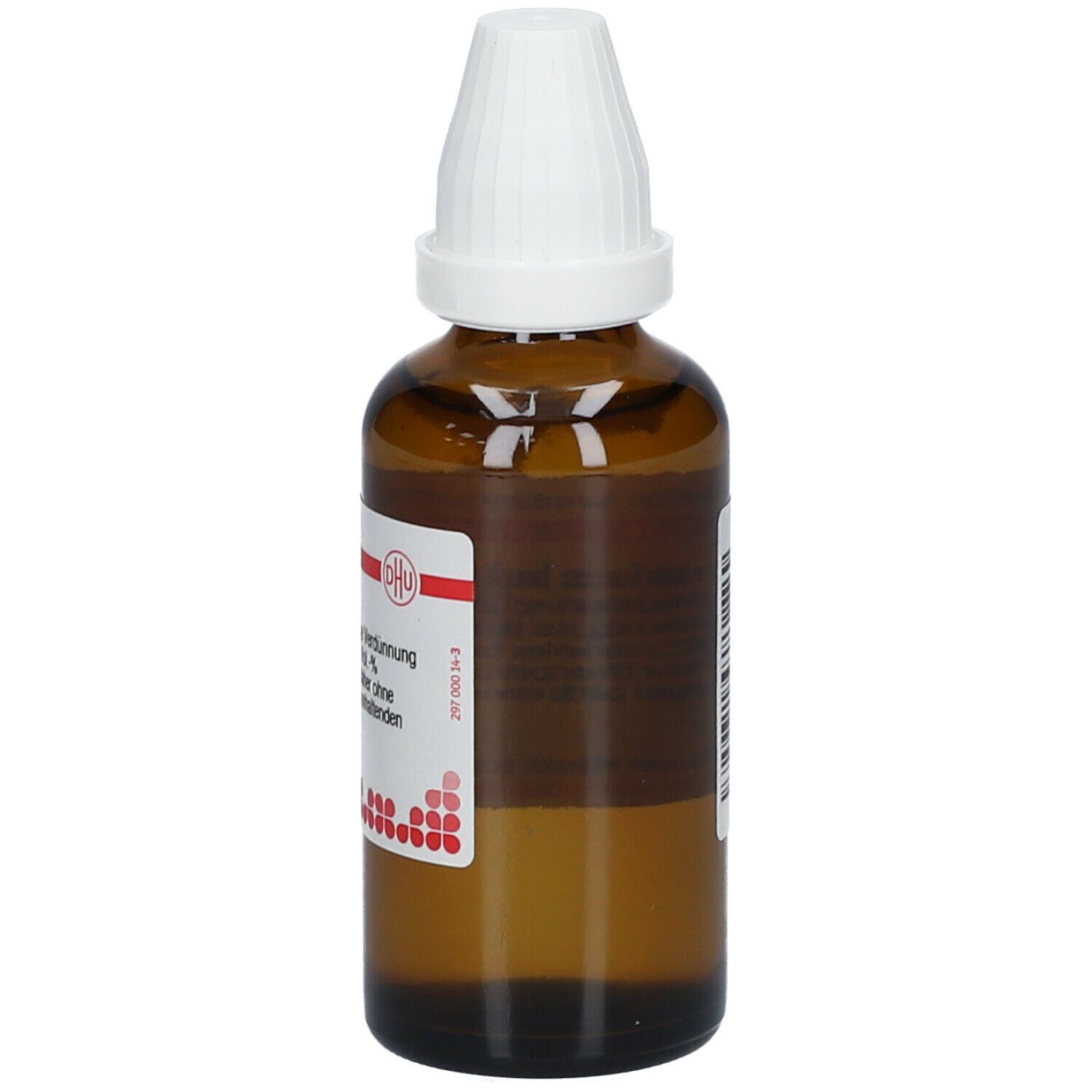 Braune Glasflasche mit weißem Verschluss. Etikett mit DHU Logo und Text. Homöopathisches Arzneimittel.