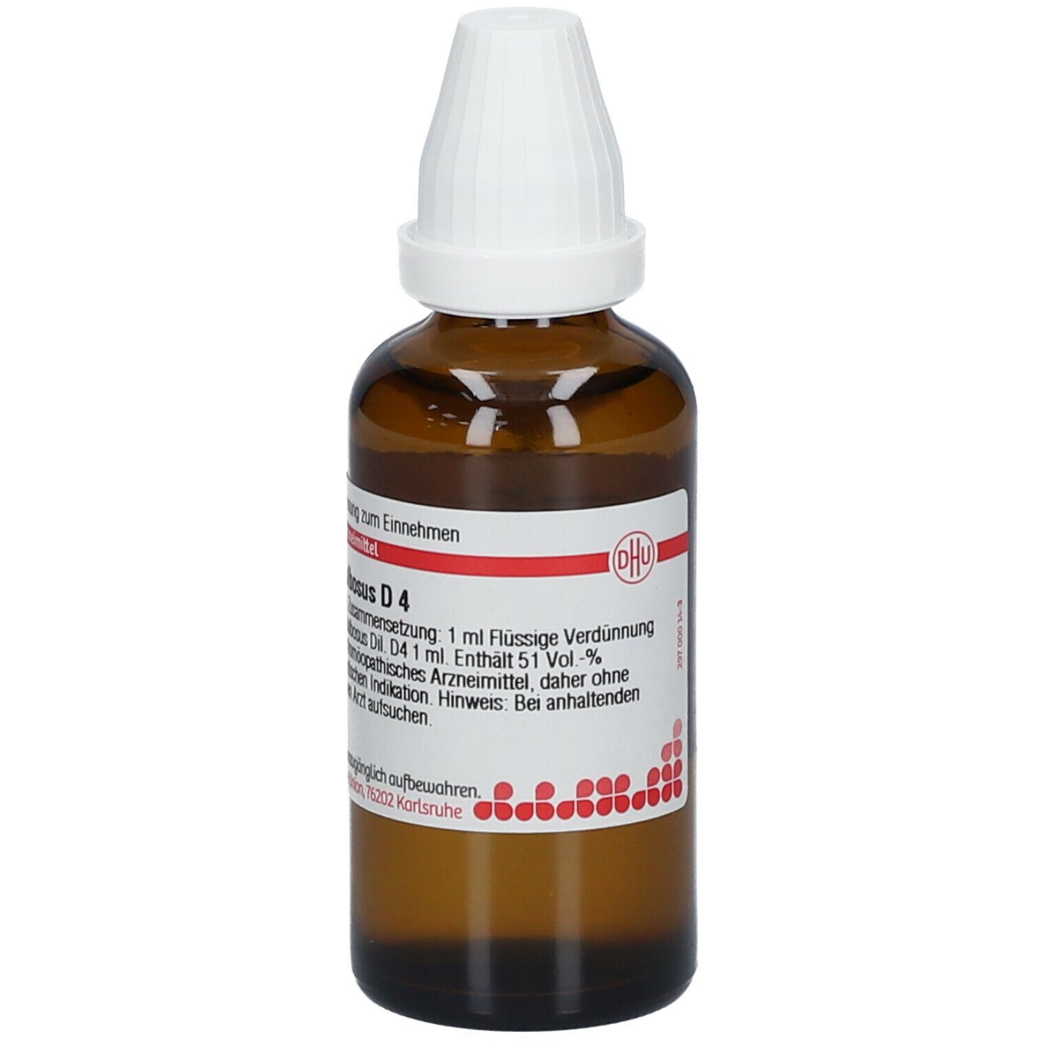 Braune Glasflasche mit weißem Verschluss. Beschriftung: DHU Ranunculus bulbosus D4. Homöopathisches Arzneimittel.
