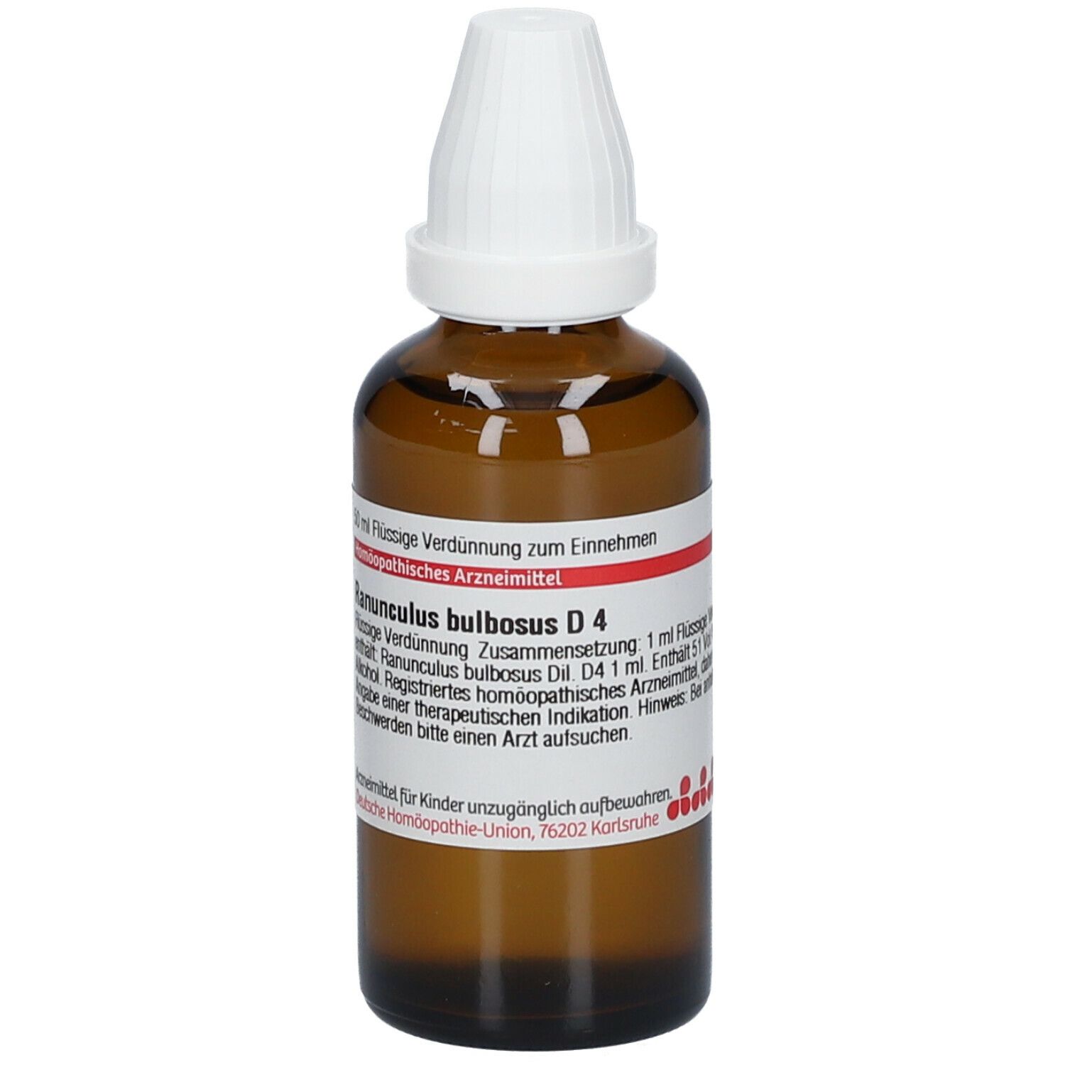 Braune Glasflasche mit weißem Verschluss. Beschriftung: DHU Ranunculus bulbosus D4. Homöopathisches Arzneimittel.