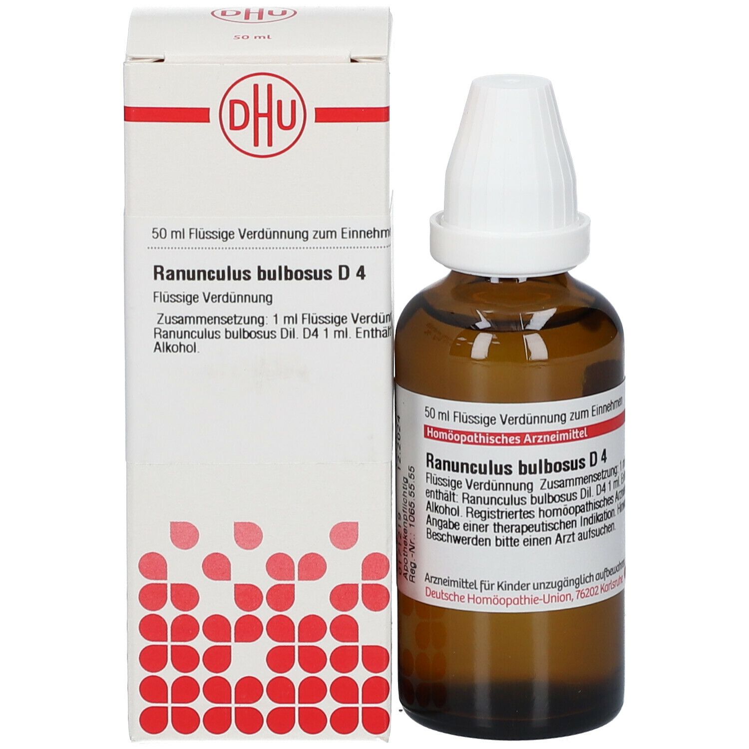 Braune Glasflasche mit weißem Verschluss und Verpackung. Beschriftung: DHU Ranunculus bulbosus D4. Homöopathisches Arzneimittel.