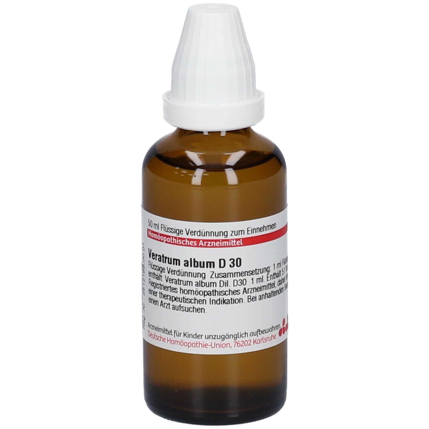 Braune Glasflasche mit weißem Verschluss. Etikett mit Text: Veratrum album D30. Homöopathisches Arzneimittel. D.H.U. Logo.