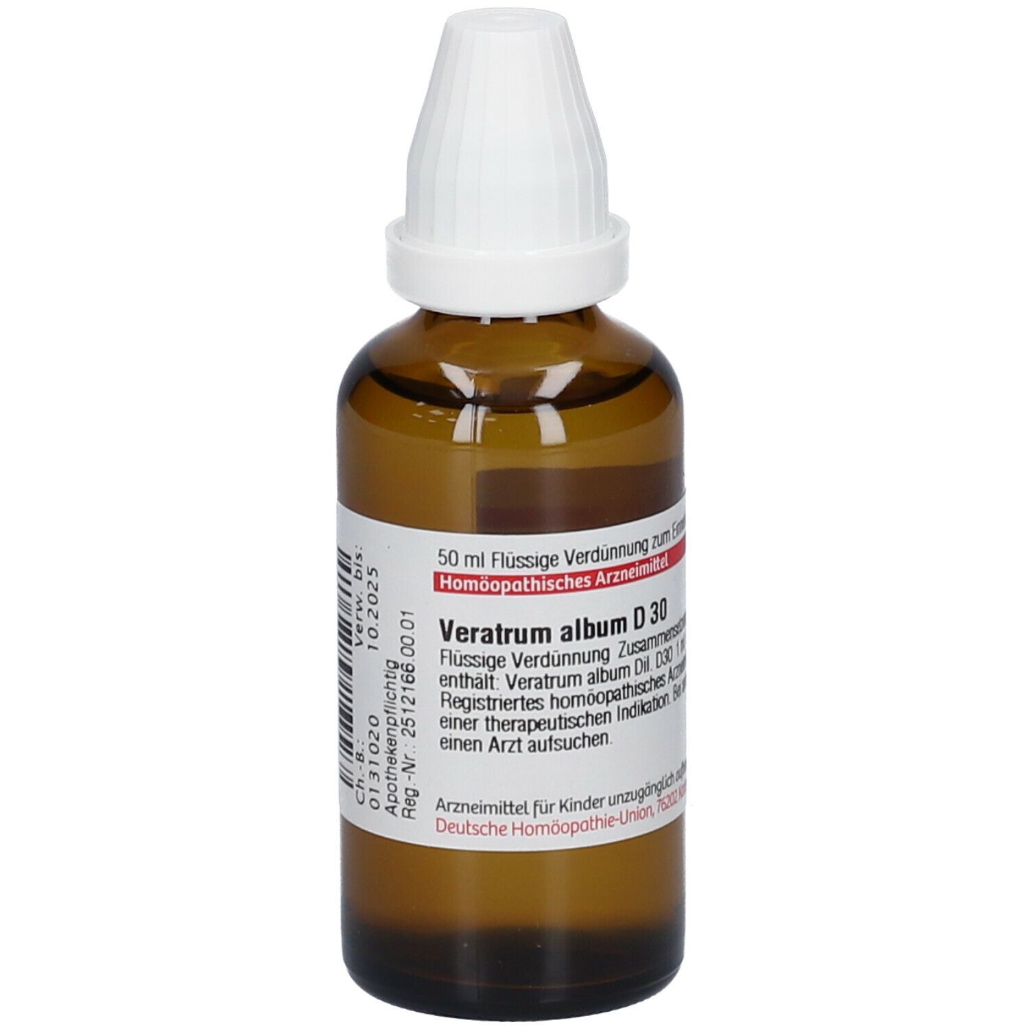 Braune Glasflasche mit weißem Verschluss. Etikett mit Text: Veratrum album D30. 50 ml. Homöopathisches Arzneimittel. D.H.U. Logo.