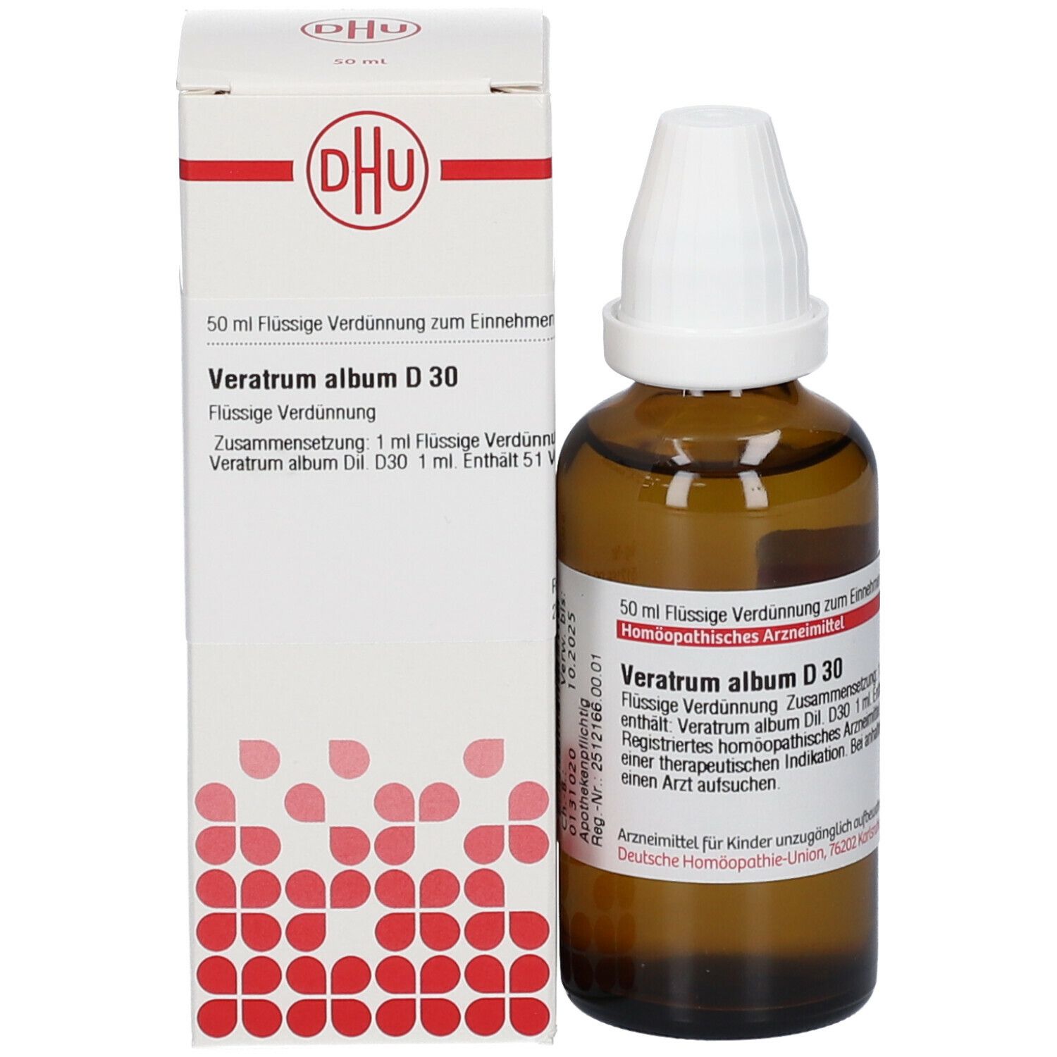 Braune Glasflasche mit weißem Verschluss und Karton. Aufschrift: Veratrum album D30. D.H.U. Logo. 50 ml.