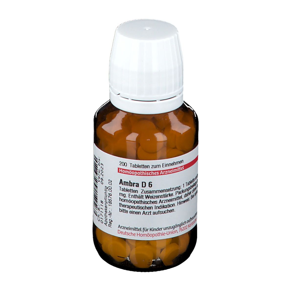Braune Glasflasche mit weißen Deckel, gefüllt mit Tabletten. Etikett mit Text: Ambra D 6, 200 Tabletten. Apothekenpflichtig.