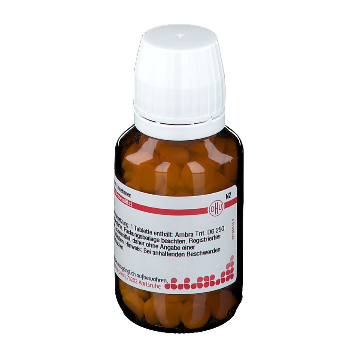 Braune Glasflasche mit weißen Deckel, gefüllt mit Tabletten. Etikett mit Text: Ambra D 6. Apothekenpflichtig. N2.
