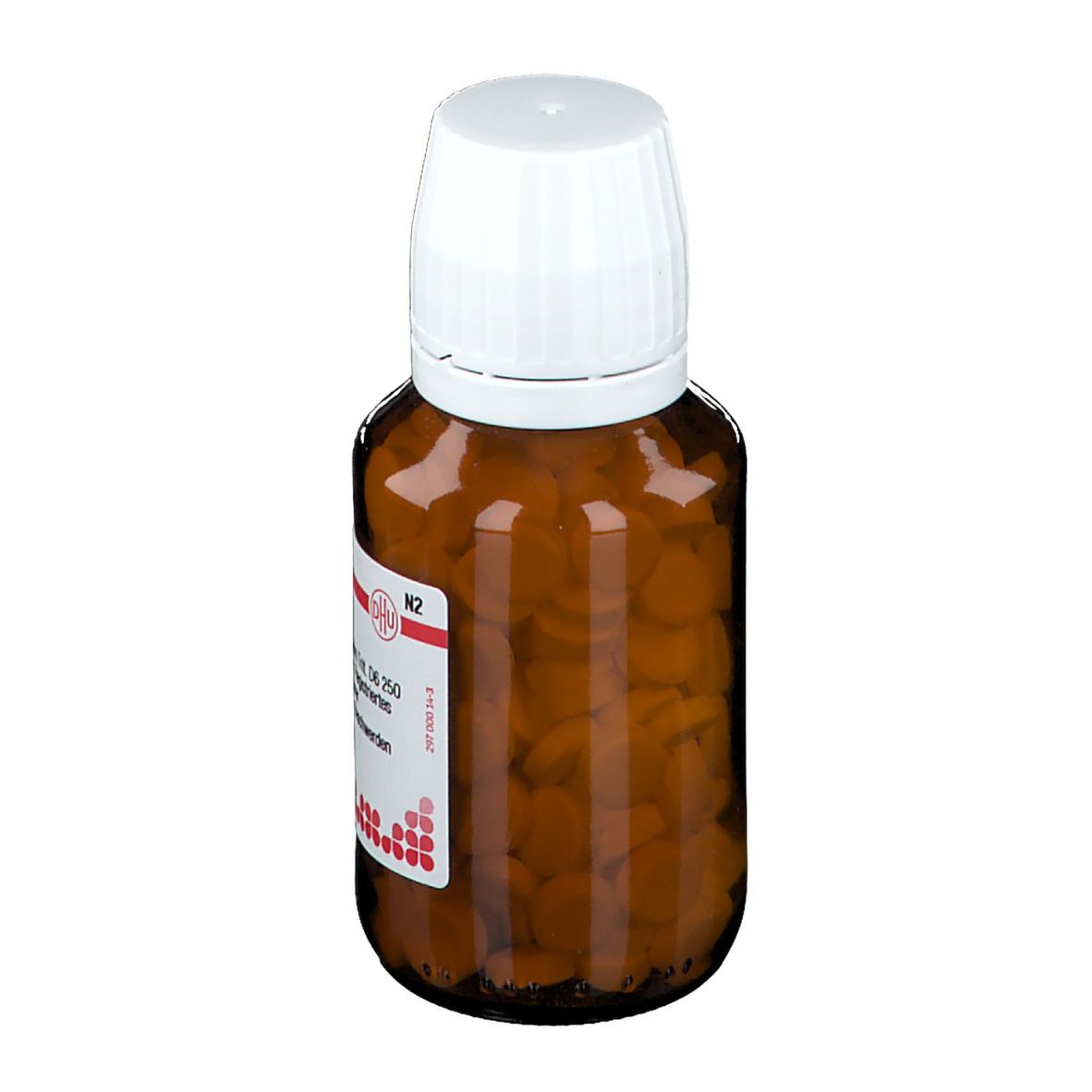 Braune Glasflasche mit weißen Deckel, gefüllt mit Tabletten. Etikett mit Text: Ambra D 6. Apothekenpflichtig. N2.