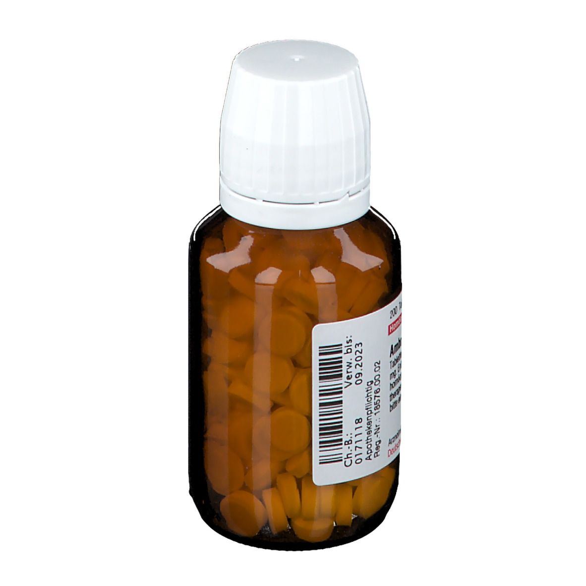 Braune Glasflasche mit weißen Deckel, gefüllt mit Tabletten. Etikett mit Text: Ambra D 6. Apothekenpflichtig. Verwendbar bis 09.2023.