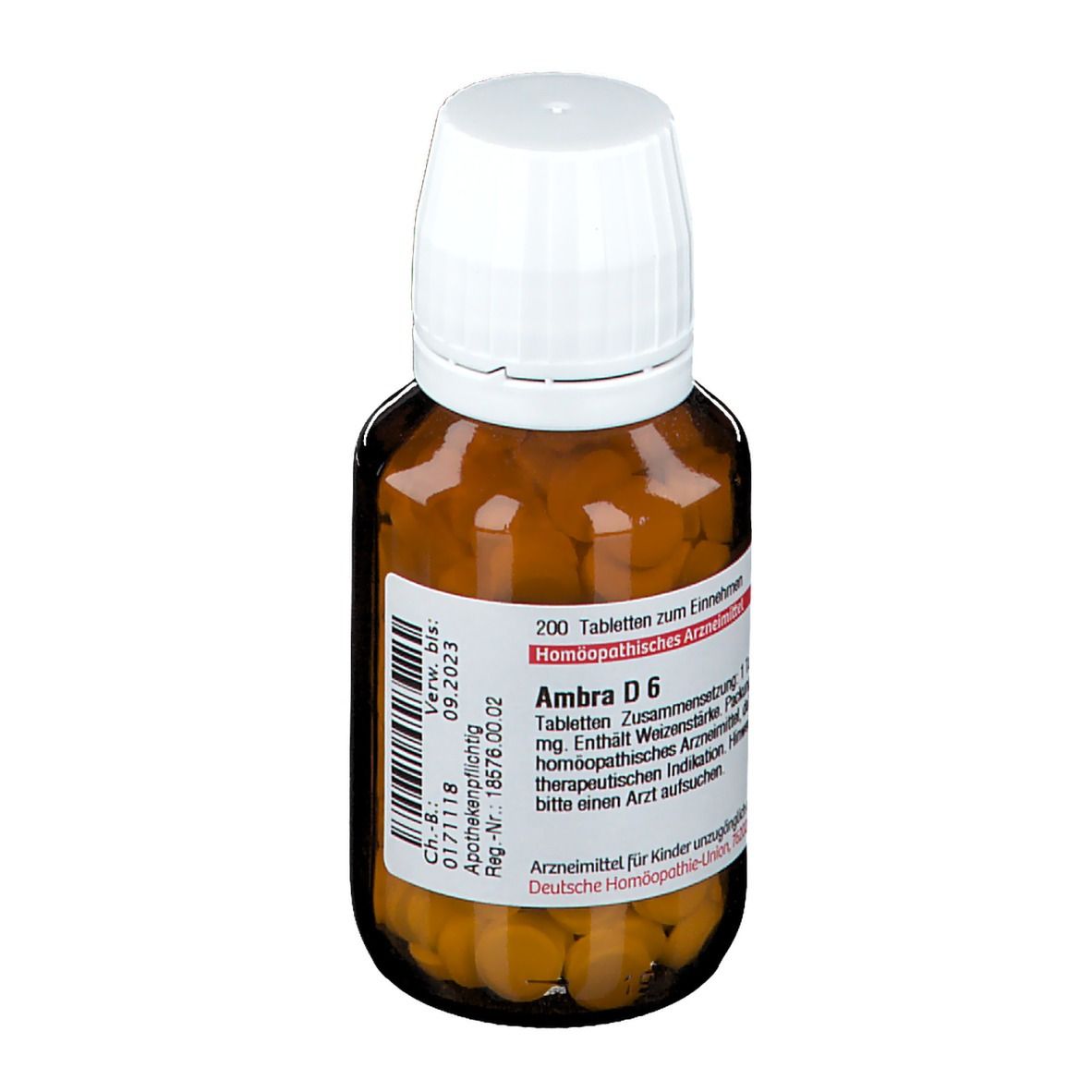 Braune Glasflasche mit weißen Deckel, gefüllt mit Tabletten. Etikett mit Text: Ambra D 6, 200 Tabletten. Apothekenpflichtig.
