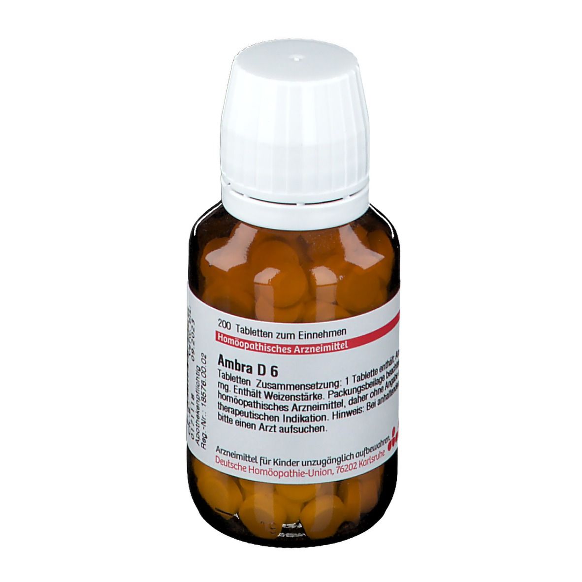 Braune Glasflasche mit weißen Deckel, gefüllt mit Tabletten. Etikett mit Text: Ambra D 6, 200 Tabletten. Apothekenpflichtig.