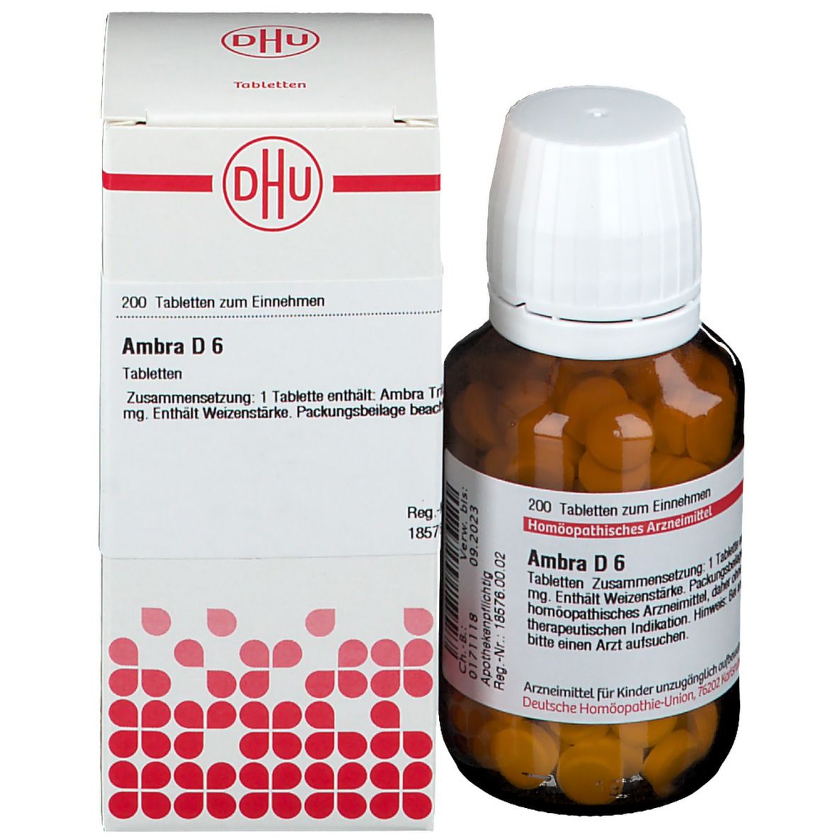 Produktverpackung mit Flasche. Weiße Schachtel mit DHU-Logo und Text: Ambra D 6, 200 Tabletten. Braune Flasche mit Tabletten.