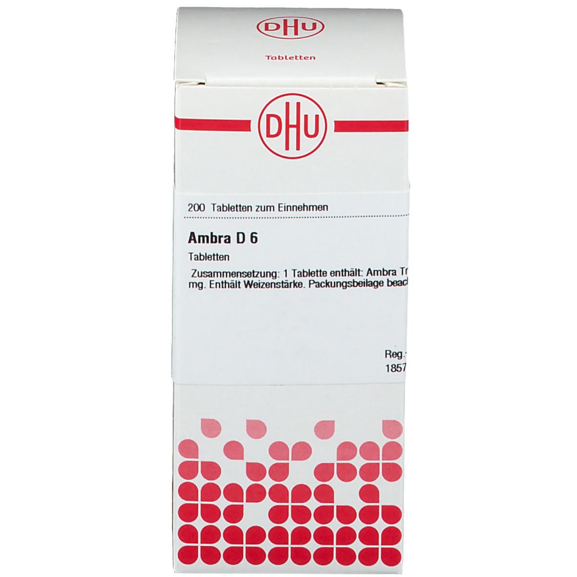 Weiße Schachtel mit DHU-Logo und Text: Ambra D 6, 200 Tabletten. Produktverpackung.