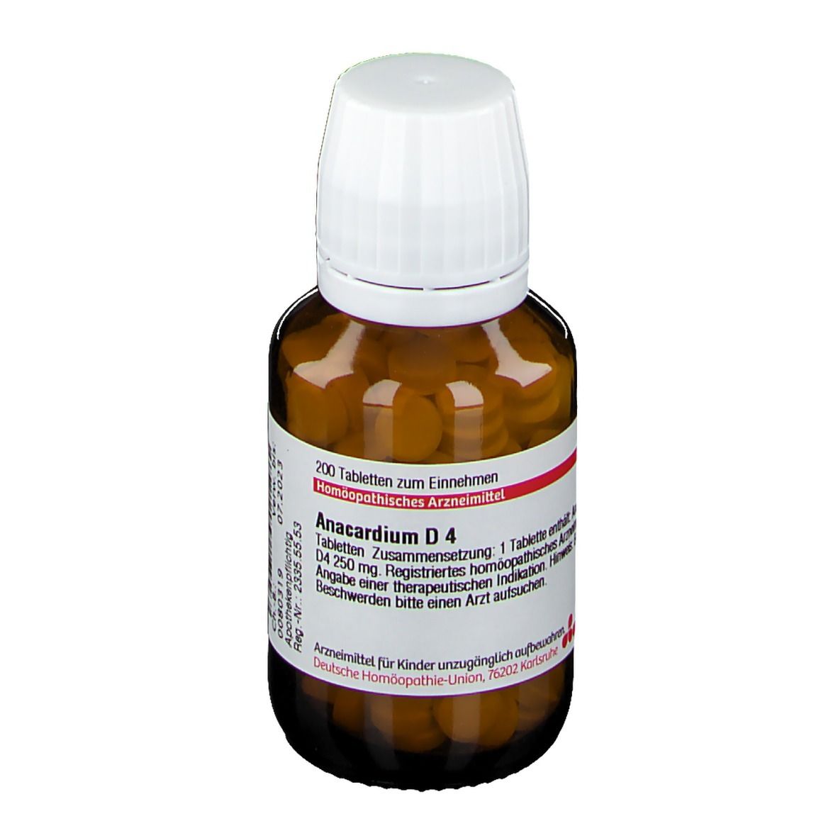 Braune Glasflasche mit weißen Deckel, gefüllt mit Tabletten. Etikett mit Produktnamen und Informationen. Rote und weiße Schrift.