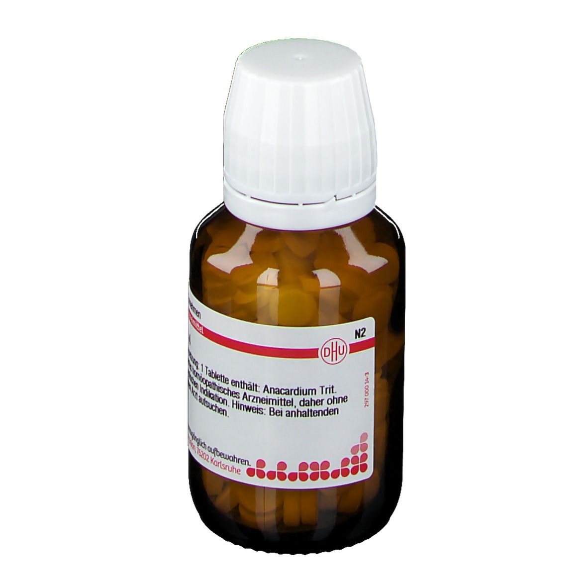 Braune Glasflasche mit weißen Deckel, gefüllt mit Tabletten. Etikett mit Produktnamen und DHU-Logo. Rote und weiße Schrift.