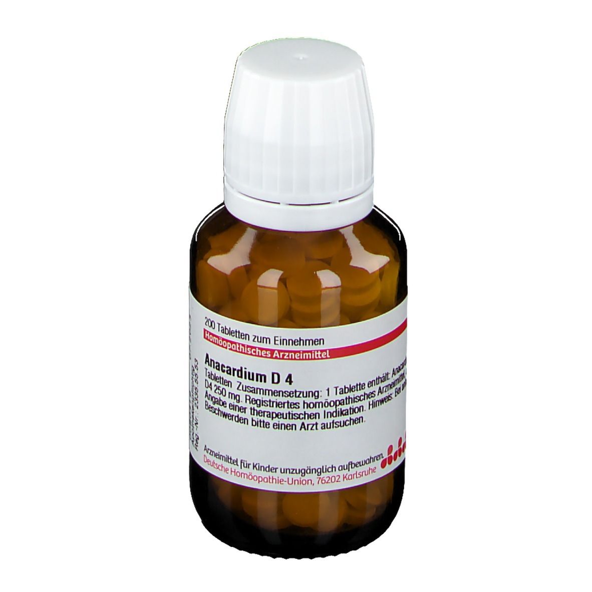 Braune Glasflasche mit weißen Deckel, gefüllt mit Tabletten. Etikett mit Produktnamen und Informationen. Rote und weiße Schrift.