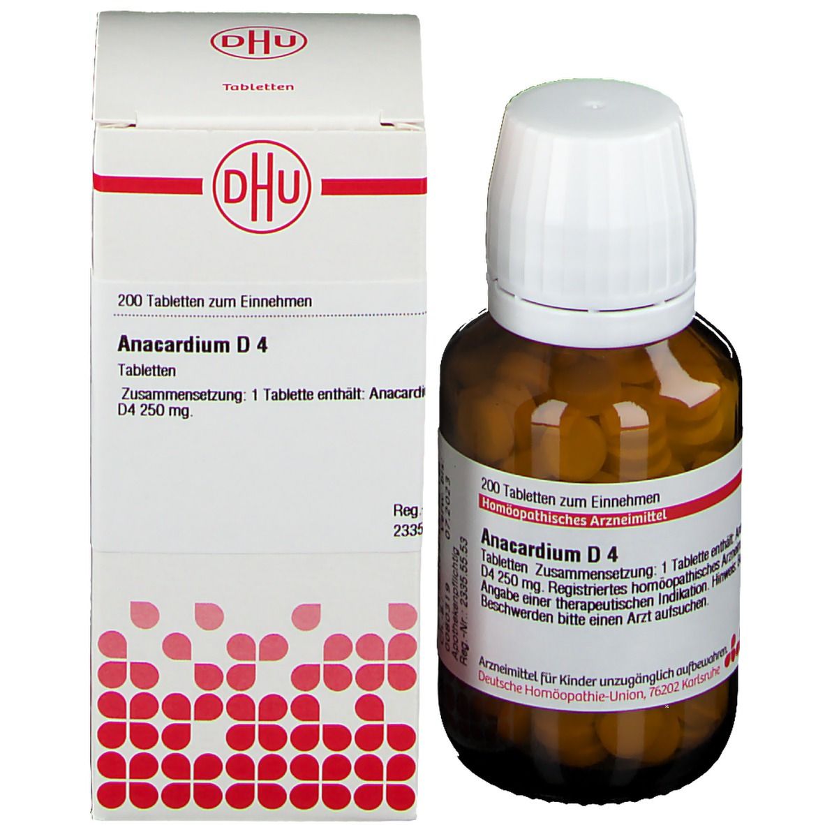 Produktverpackung mit Flasche. Weiße Schachtel mit DHU-Logo und Produktnamen. Braune Glasflasche mit Tabletten.