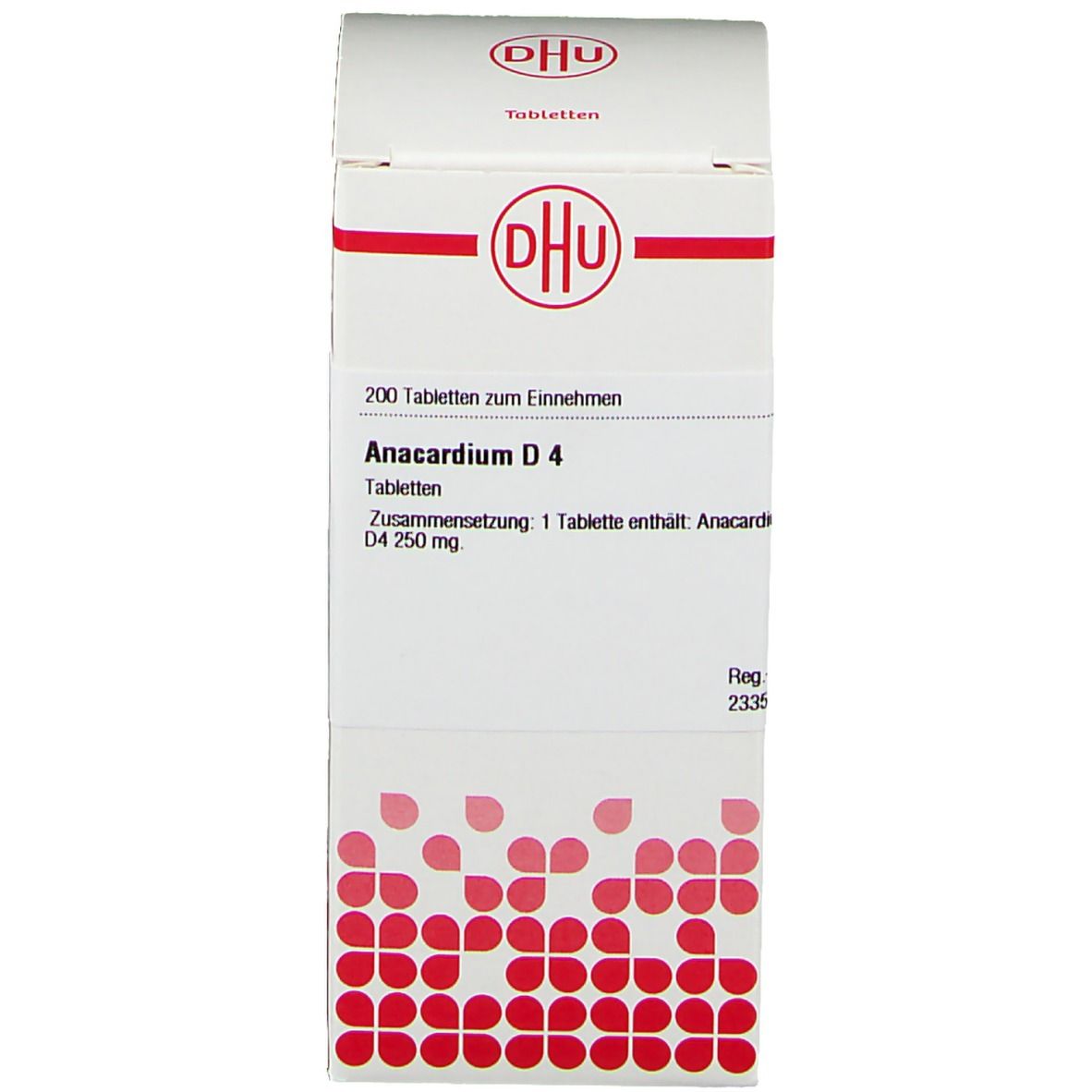 Weiße Schachtel mit DHU-Logo und Produktnamen. Rote und weiße Schrift. Produktverpackung.