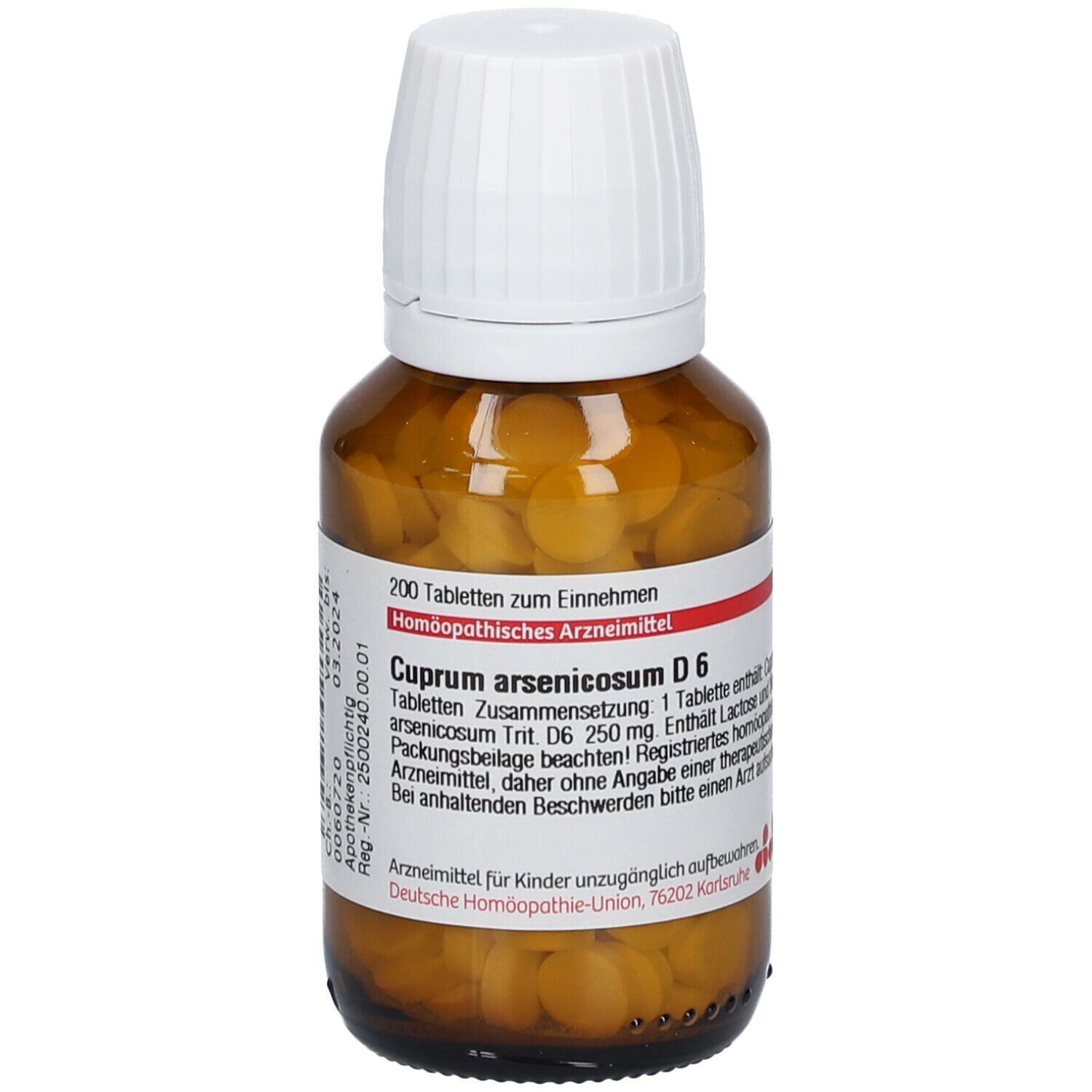 Braune Glasflasche mit weißen Deckel. Enthält Tabletten. Etikett mit Produktname und Informationen.