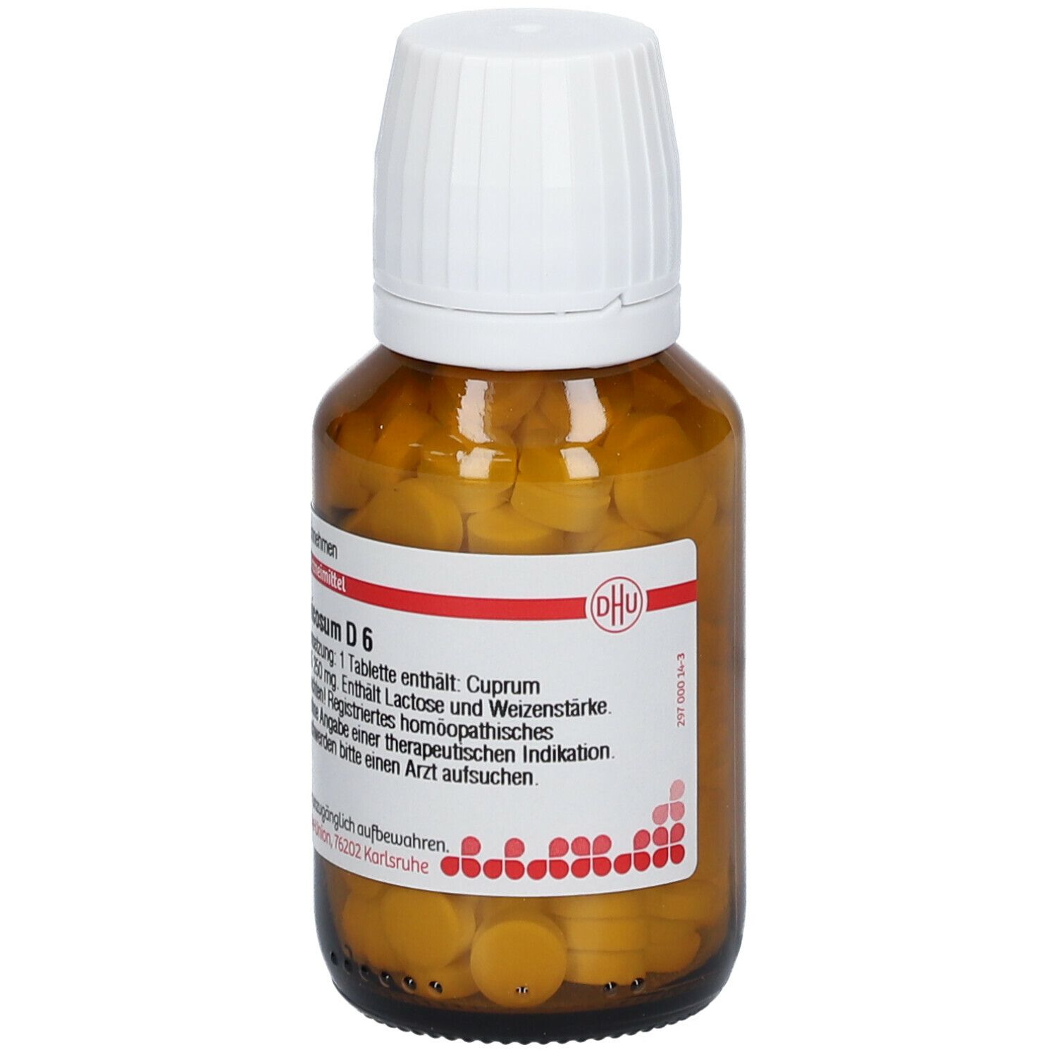 Braune Glasflasche mit weißen Deckel. Enthält Tabletten. Etikett mit Produktinformationen.