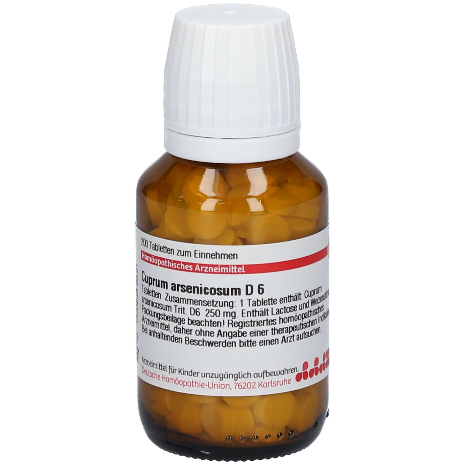 Braune Glasflasche mit weißen Deckel. Enthält Tabletten. Etikett mit Produktinformationen.