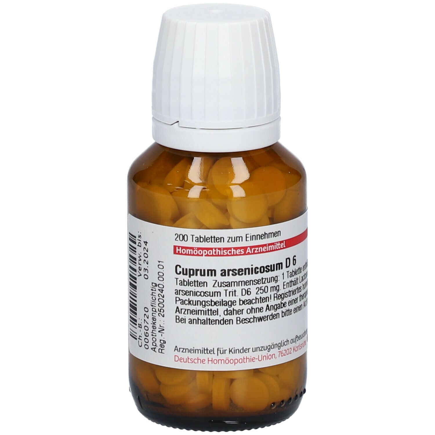 Braune Glasflasche mit weißen Deckel. Enthält Tabletten. Etikett mit Produktinformationen.