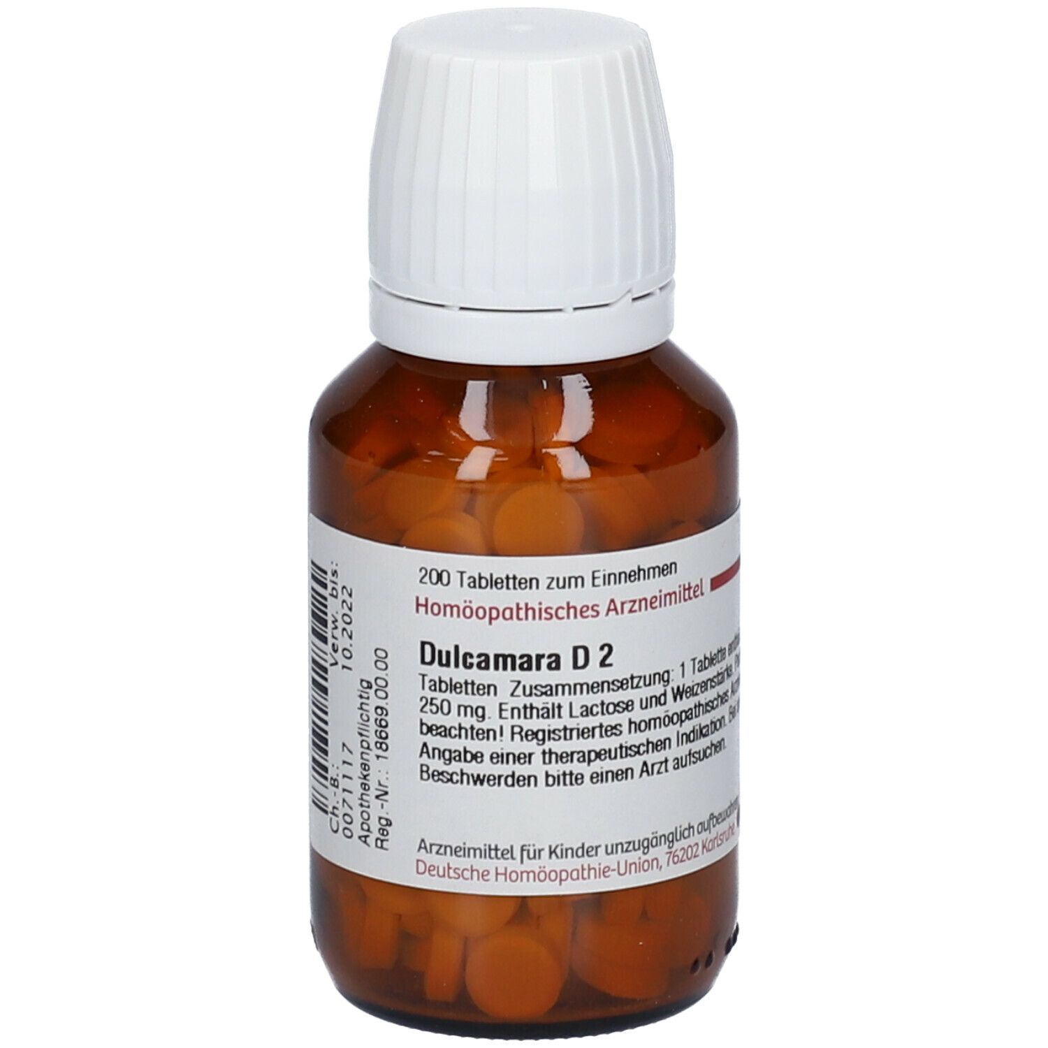 Braune Tabletten in einer braunen Glasflasche mit weißem Deckel. Aufschrift: Dulcamara D2, 200 Tabletten. Apotheken-Nr. 18669 00 00.