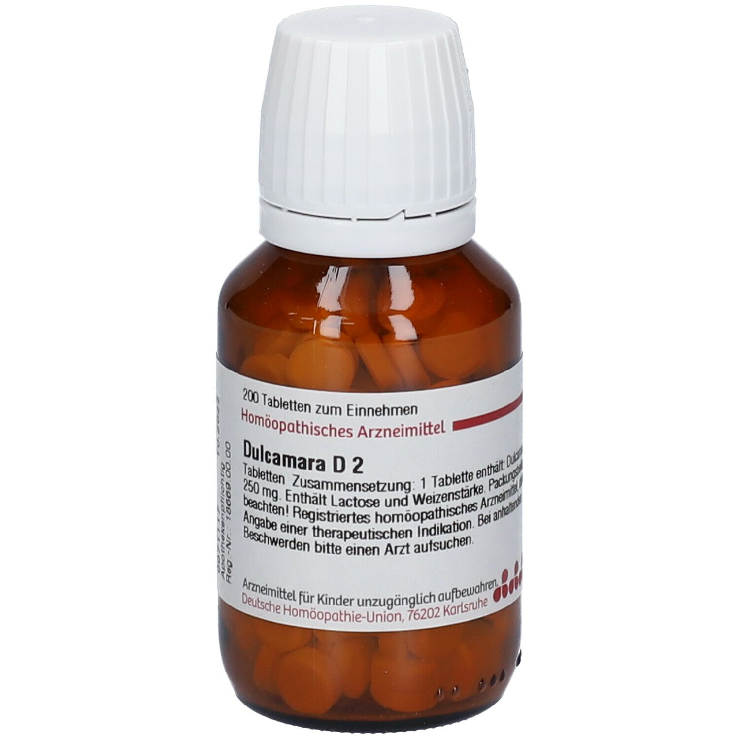 Braune Tabletten in einer braunen Glasflasche mit weißem Deckel. Aufschrift: Dulcamara D2, 200 Tabletten. Apotheken-Nr. 18669 00 00.