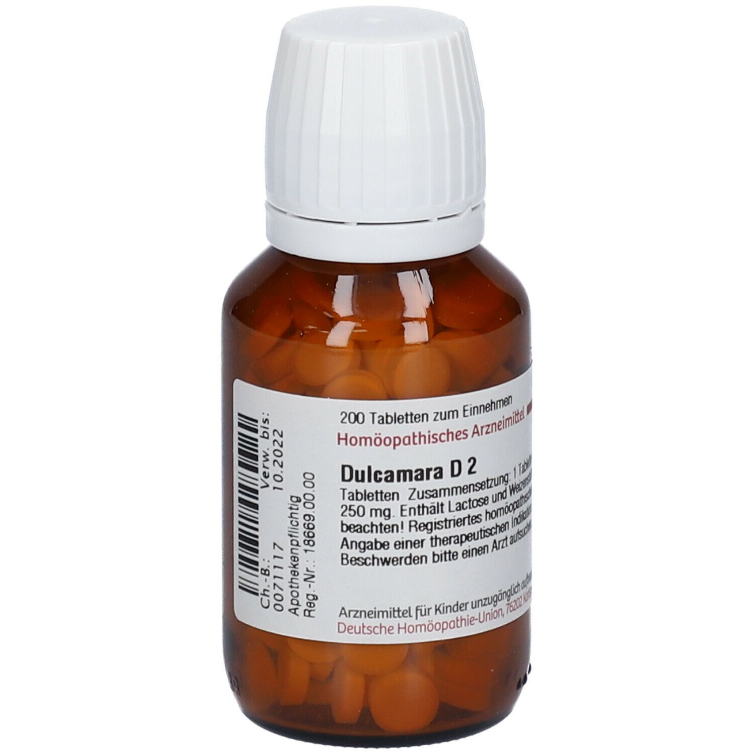 Braune Tabletten in einer braunen Glasflasche mit weißem Deckel. Aufschrift: Dulcamara D2, 200 Tabletten. Apotheken-Nr. 18669 00 00.