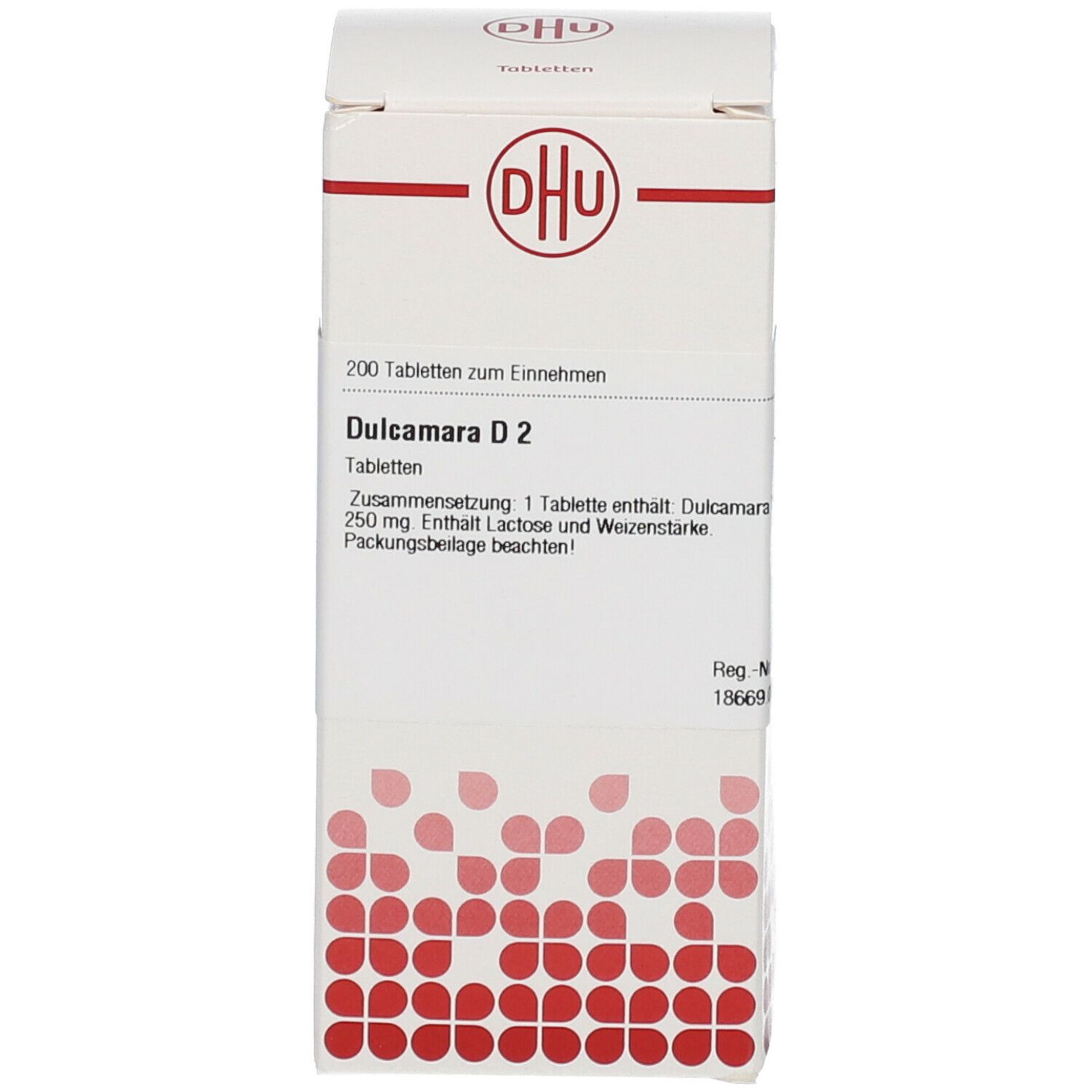Weiße rechteckige Verpackung mit Aufschrift: DHU, Dulcamara D2, 200 Tabletten. Apotheken-Nr. 18669.