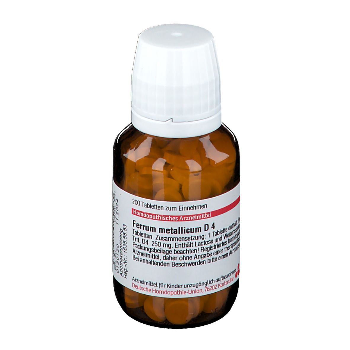 Braune Tabletten in einer braunen Glasflasche mit weißem Deckel. Auf dem Etikett steht "Ferrum metallicum D4".